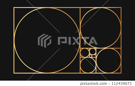 Golden ratio template. Gold-colored rectangle frame divided into squares and circles. Fibonacci sequence grid. Ideal nature symmetry proportions layout. Vector illustration 112439071