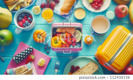 AI-generated content. Blurred Background for Healthy Breakfast. Lunch box with Vegetables, Berries and Fruits, Juice and Coffee, Whole Wheat Bread on Blue Background, Wooden Table. AI Generated. Flat 112439156