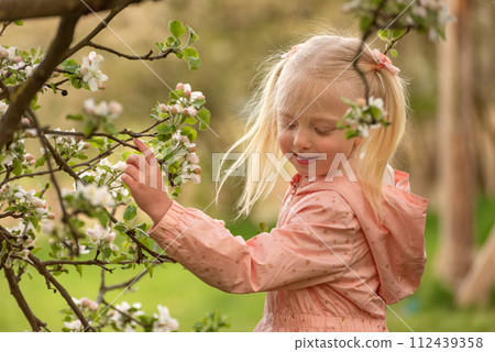Happy beautiful blonde girl with with two tails enjoys smell of flowering tree. Little girl in pink outfit in blooming garden Happy beautiful blonde girl with with two tails enjoys smell of flowering tree. Little girl in pink outfit in blooming garden 112439358