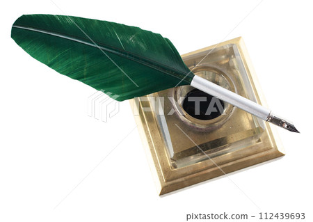 vintage feather quill with glass inkwell 112439693