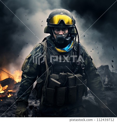 AI-generated content. Portrait of brave man equipped in military uniform protective helmet standing against the smoke, tongues of fire and destroyed buildings behind him. Generated by AI. 112439712