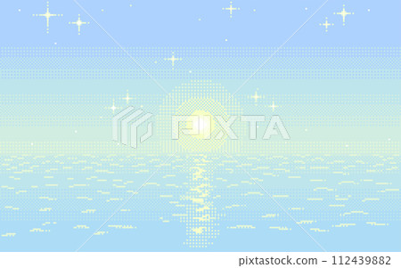 <Pixel Art> Beautiful nostalgic pixel art background of the sunrise and sea with shining stars <Pixel Art> Beautiful nostalgic pixel art background of the sunrise and sea with shining stars 112439882