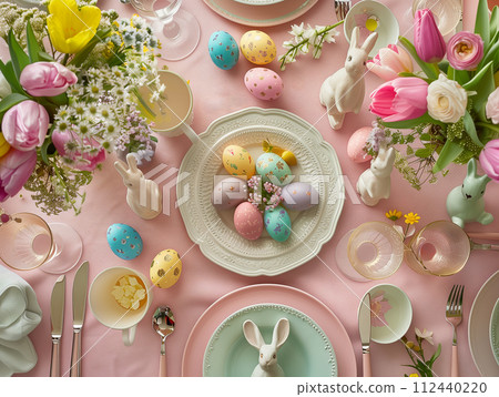 Happy Easter. Festive Easter Table with Florals 112440220