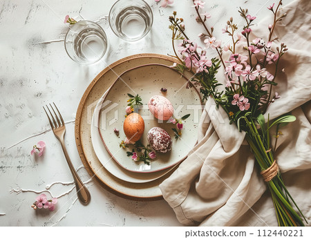 Happy Easter. Soft Toned Easter Table Decor 112440221