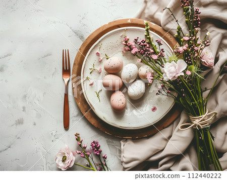 Happy Easter. Soft Toned Easter Table Decor 112440222