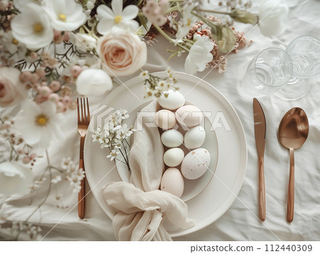 Happy Easter. Soft Toned Easter Table Decor 112440309