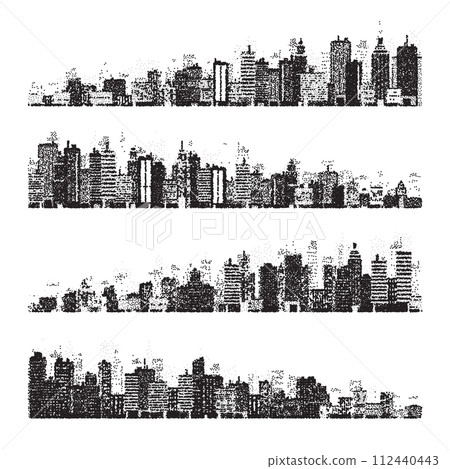 Stippled city silhouettes. Cityscape, town skyline. Midtown, downtown with buildings, houses and skyscrapers. Stippling, dot drawing and shading, stipple pattern, halftone effect. Vector illustration Stippled city silhouettes. Cityscape, town skyline. Midtown, downtown with buildings, houses and skyscrapers. Stippling, dot drawing and shading, stipple pattern, halftone effect. Vector illustration 112440443
