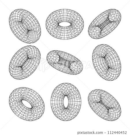 Wireframe shapes, lined torus. Perspective mesh, 3d grid. Low poly geometric elements. Retro futuristic design elements, y2k, vaporwave and synthwave style. Vector illustration Wireframe shapes, lined torus. Perspective mesh, 3d grid. Low poly geometric elements. Retro futuristic design elements, y2k, vaporwave and synthwave style. Vector illustration 112440452