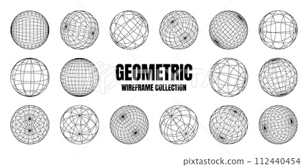 Wireframe shapes, lined sphere. Perspective mesh, 3d grid. Low poly geometric elements. Retro futuristic design elements, y2k, vaporwave and synthwave style. Vector illustration 112440454