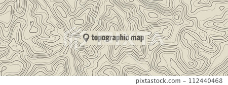 Topographic map with contour lines. Geographic terrain grid, relief height elevation. Ground path pattern. Travel and navigation, cartography design element. Vector illustration 112440468