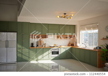a sun-filled green kitchen a sun-filled green kitchen 112440554