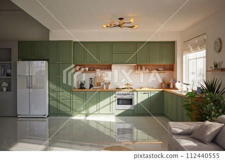 a sun-filled green kitchen a sun-filled green kitchen 112440555