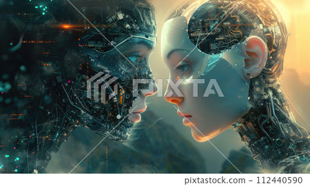 AI humanoid robots together, faces of two futuristic cyborgs on abstract background. Concept of technology, emotion, future, relationship, love, couple, art, beauty 112440590