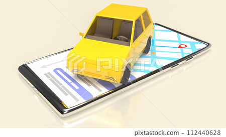 The yellow car on mobile phone for Applications or transportation concept 3d rendering. The yellow car on mobile phone for Applications or transportation concept 3d rendering. 112440628
