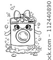 AI-generated content. Cute washing machine with soap suds and bubbles. Cartoon character coloring book. 112440890