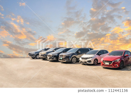 Lot of used car for sales in stock with sky and clouds 112441136
