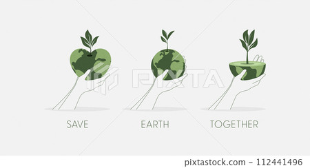 Set of Hands holding a green globe, earth. Earth Day concept. Sustainable ecology and environment conservation concept design. Vector illustration. 112441496