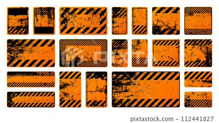 Orange grunge warning signs with diagonal lines. Old attention, danger or caution sign, construction site signage. Realistic notice signboard, warning banner, road shield. Vector illustration Orange grunge warning signs with diagonal lines. Old attention, danger or caution sign, construction site signage. Realistic notice signboard, warning banner, road shield. Vector illustration 112441827