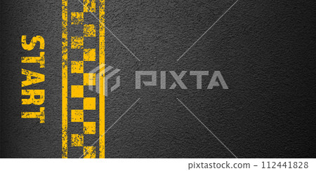 Asphalt road with yellow start line marking, concrete highway surface, texture. Street traffic lane, road dividing strip. Pattern with grainy structure, grunge stone background. Vector illustration Asphalt road with yellow start line marking, concrete highway surface, texture. Street traffic lane, road dividing strip. Pattern with grainy structure, grunge stone background. Vector illustration 112441828