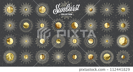 Vintage grunge sunburst sunset beams. Gold foil, shiny handmade circles. Golden glittering texture, pattern. Hand drawn bursting sun, light rays. Logotype, lettering, retro style. Vector illustration Vintage grunge sunburst sunset beams. Gold foil, shiny handmade circles. Golden glittering texture, pattern. Hand drawn bursting sun, light rays. Logotype, lettering, retro style. Vector illustration 112441829
