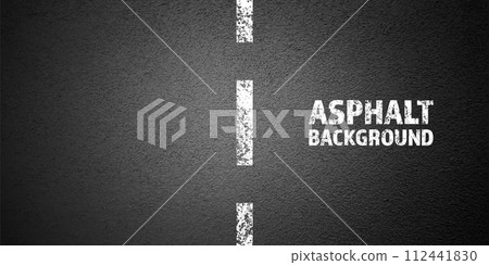 Asphalt road with white cracked lane marking, concrete highway surface, texture. Street traffic line, road dividing strip. Pattern with grainy structure, grunge stone background. Vector illustration 112441830