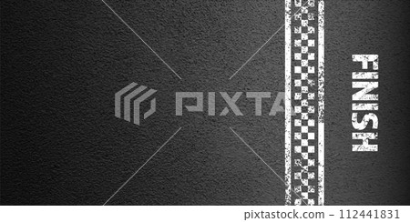 Asphalt road with white finish line marking, concrete highway surface, texture. Street traffic lane, road dividing strip. Pattern with grainy structure, grunge stone background. Vector illustration 112441831