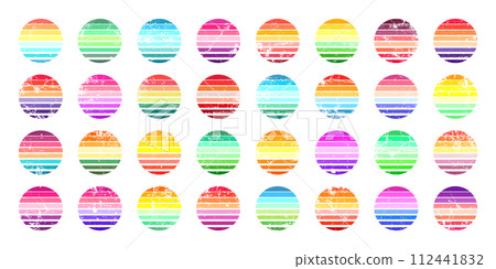 Grunge vintage sunset collection. Colorful striped sunrise badges in 80s and 90s style. Sun and ocean view, summer vibes, surfing. Design element for print, logo or t-shirt. Vector illustration 112441832