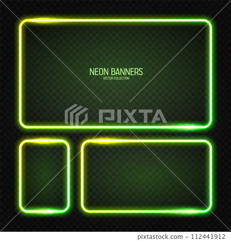 Glowing neon banners, illuminated colorful square frames. Shiny vibrant border, glow effect. Green vintage retro lights, night illumination. Modern futuristic UI design elements. Vector illustration Glowing neon banners, illuminated colorful square frames. Shiny vibrant border, glow effect. Green vintage retro lights, night illumination. Modern futuristic UI design elements. Vector illustration 112441912