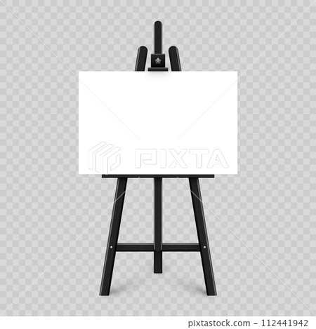 Realistic paint desk with blank white canvas. Black wooden easel and a sheet of drawing paper. Presentation board on a tripod. Artwork mockup, template. Vector illustration 112441942