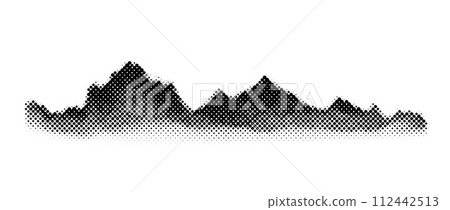 Grunge halftone mountain range. Black textured landscape terrain silhouette. Fading grainy hills chain wallpaper. Grungy dotted mountain peaks background. Vector vanishing rock view illustration Grunge halftone mountain range. Black textured landscape terrain silhouette. Fading grainy hills chain wallpaper. Grungy dotted mountain peaks background. Vector vanishing rock view illustration 112442513