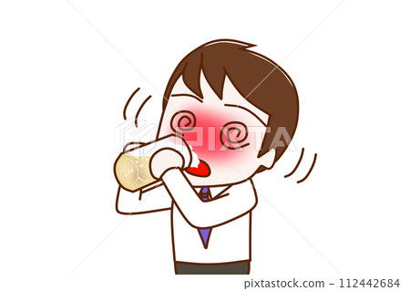 (Upper body diagonal) A man who is drunk and shaky as he gulps down beer and gets dizzy. 112442684