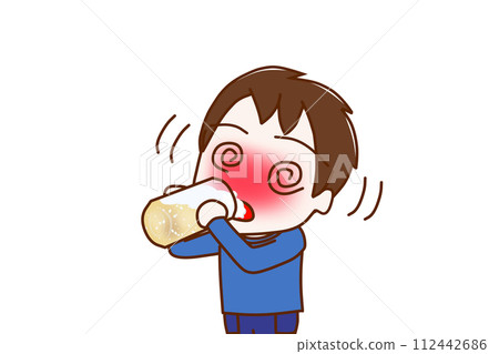 (Upper body diagonal) A boy who is drunk and shaky as he gulps down beer. 112442686