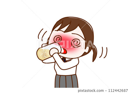 (Upper body diagonal) A female student who is drunk and shaky as she gulps down beer. 112442687