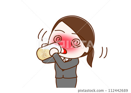 （上半身對角線）一個穿著西裝的女人，喝醉了酒，渾身發抖，大口喝著啤酒。 112442689