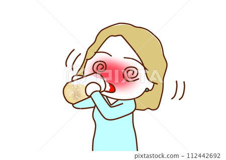 （上半身對角線）一位白人婦女喝醉了，大口喝著啤酒，全身發抖。 112442692