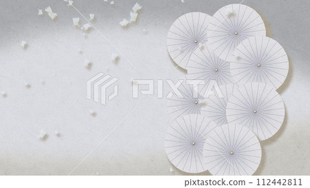 插畫:優雅莊嚴的白色日式雨傘和五彩紙屑線條 - 尺寸 16:9 插畫:優雅莊嚴的白色日式雨傘和五彩紙屑線條 - 尺寸 16:9 112442811