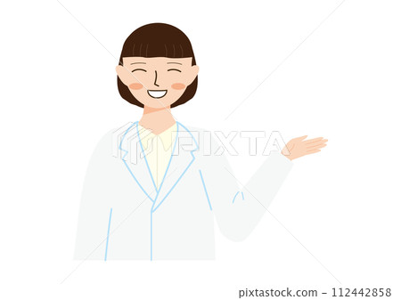 A woman wearing a white coat and pointing towards me 112442858