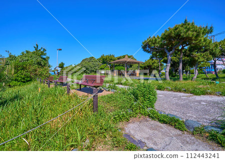 Arbor and bench at Tateishi Park in Akiya, Yokosuka City, Kanagawa Prefecture in spring 112443241