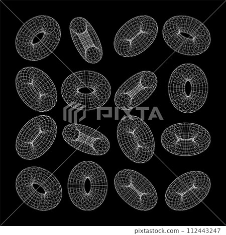 Wireframe shapes, lined torus. Perspective mesh, 3d grid. Low poly geometric elements. Retro futuristic design elements, y2k, vaporwave and synthwave style. Vector illustration 112443247
