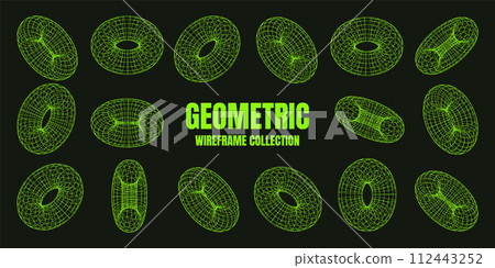 Wireframe shapes, lined torus. Perspective mesh, 3d grid. Low poly geometric elements. Retro futuristic design elements, y2k, vaporwave and synthwave style. Vector illustration 112443252