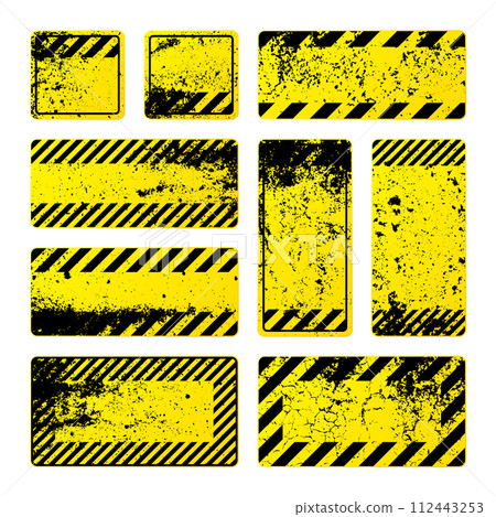Various yellow grunge warning signs with diagonal lines. Old attention, danger or caution sign, construction site signage. Realistic notice signboard, warning banner, road shield. Vector illustration 112443253