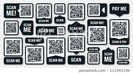 Scan me QR code sticker. Online payment. Special offer sale stickers, shopping discount label or promotional badge. Serial number, product ID. Supermarket retail label, price tag. Vector illustration 112443290