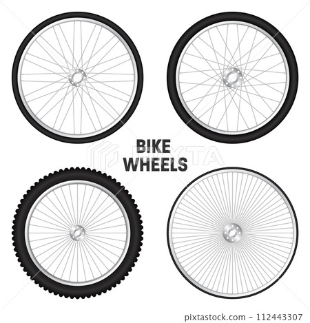 Realistic 3d bicycle wheels. Bike rubber tyres, shiny metal spokes and rims. Fitness cycle, touring, sport, road and mountain bike. Vector illustration 112443307