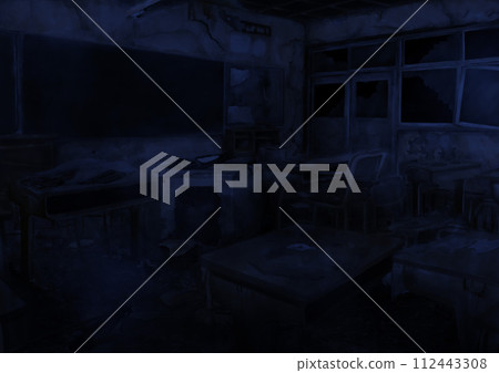 Blue illustration of an abandoned and dilapidated classroom 112443308