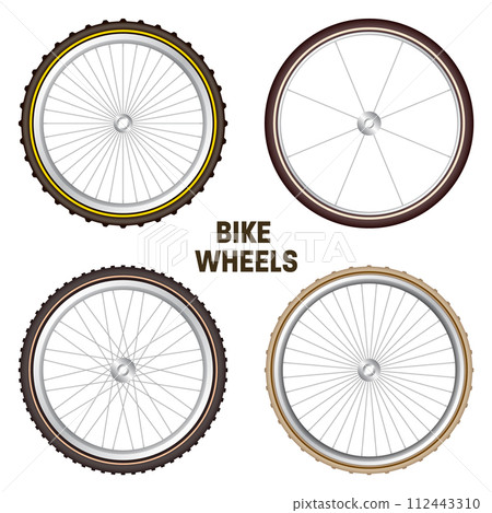 Realistic 3d retro bicycle wheels. Vintage bike rubber tyres, shiny metal spokes and rims. Fitness cycle, touring, sport, road and mountain bike. Vector illustration 112443310