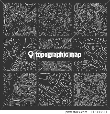 Topographic map with contour lines. Geographic terrain grid, relief height elevation. Ground path pattern. Travel and navigation, cartography design element. Vector illustration 112443311