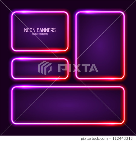 Glowing neon banners, illuminated colorful square frames. Shiny vibrant border, glow effect. Purple vintage retro lights, night illumination. Modern futuristic UI design elements. Vector illustration 112443313