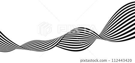 Black and white wavy bent ribbon element. Curved stripe shape background. Liquid abstract line wallpaper for banner, cover, poster, presentation, brochure, flyer. Optical illusion art backdrop. Vector Black and white wavy bent ribbon element. Curved stripe shape background. Liquid abstract line wallpaper for banner, cover, poster, presentation, brochure, flyer. Optical illusion art backdrop. Vector 112443420