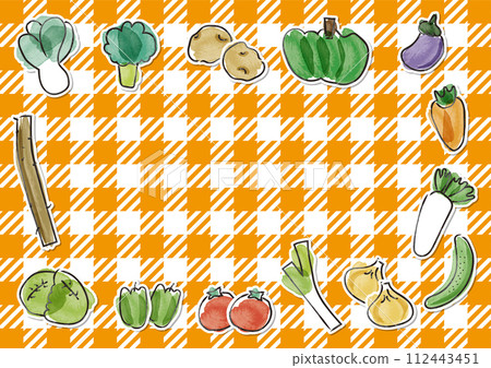 Hand-painted watercolor cute vegetable frame_Background orange gingham check_Horizontal 112443451
