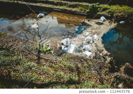 Plastic trash washed into the river by strong winds A-3 Film style 112443576